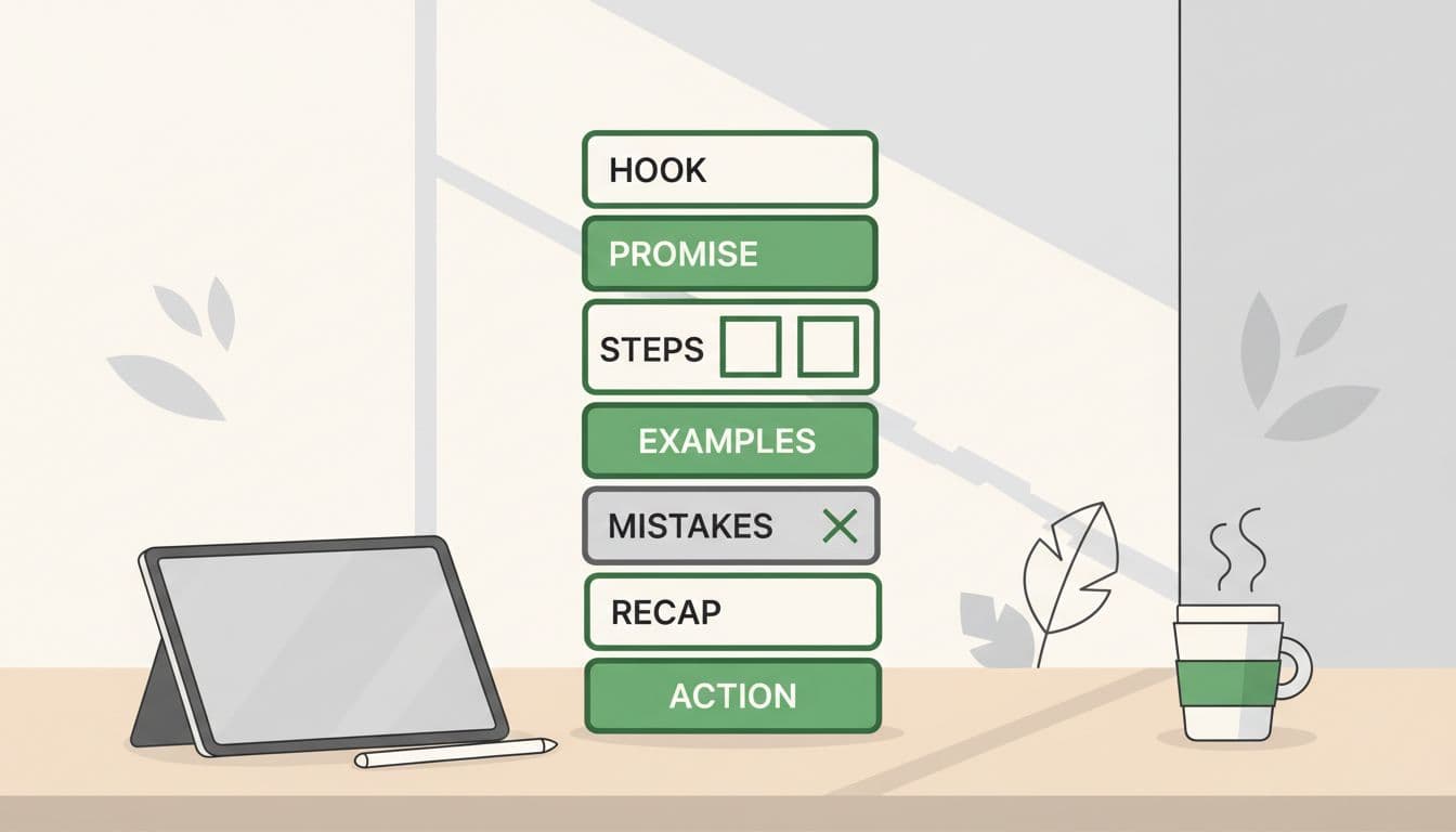 Modern illustration of a repeatable blog post template shown as stacked blocks for hook, promise, steps, examples, mistakes, recap, and action on a digital notepad in a workspace desk setting with soft lighting.