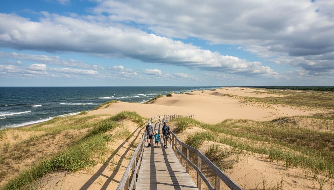 Towering golden sand dunes of Sleeping Bear Dunes meet Lake Michigan's blue waves, with a boardwalk trail winding up the dune hiked by a family of three amid green grasses and shrubs under a partly cloudy summer sky.