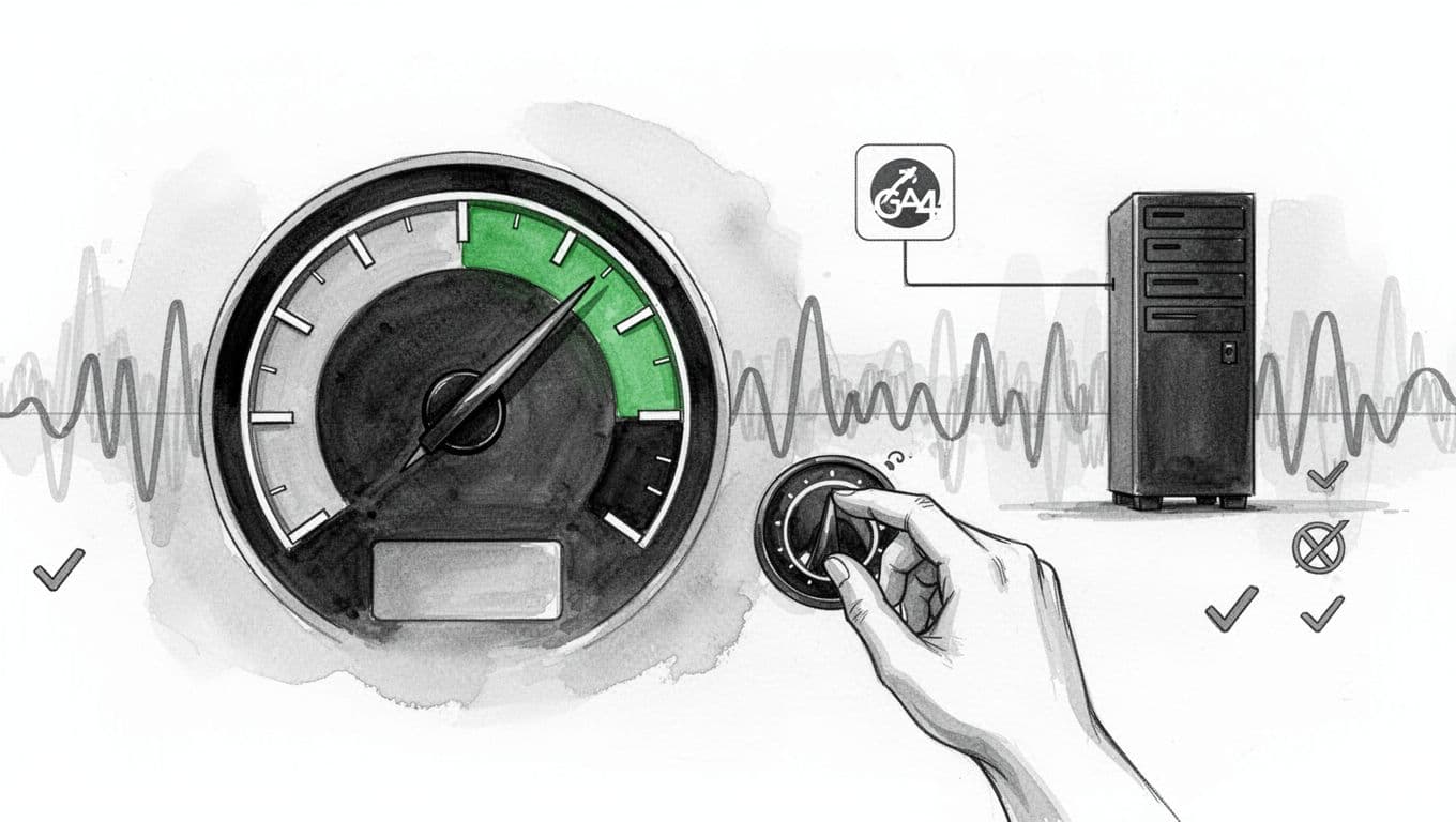Black-and-white ink illustration of a speedometer needle in the green zone connected by a thin line from a tiny GA4 icon to a distant server silhouette, with one hand casually adjusting the dial. Subtle background waveforms represent steady traffic flow and checkmarks, emphasizing efficient GA4 integration for fast WordPress sites.