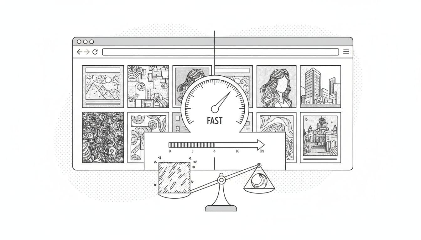 Grayscale high-contrast ink pen line art illustration depicting a split website page: left with crisp high-quality images, right with compressed optimized versions, central speed dial gauge, decreasing file-size meter, and balance scale tipping toward speed.