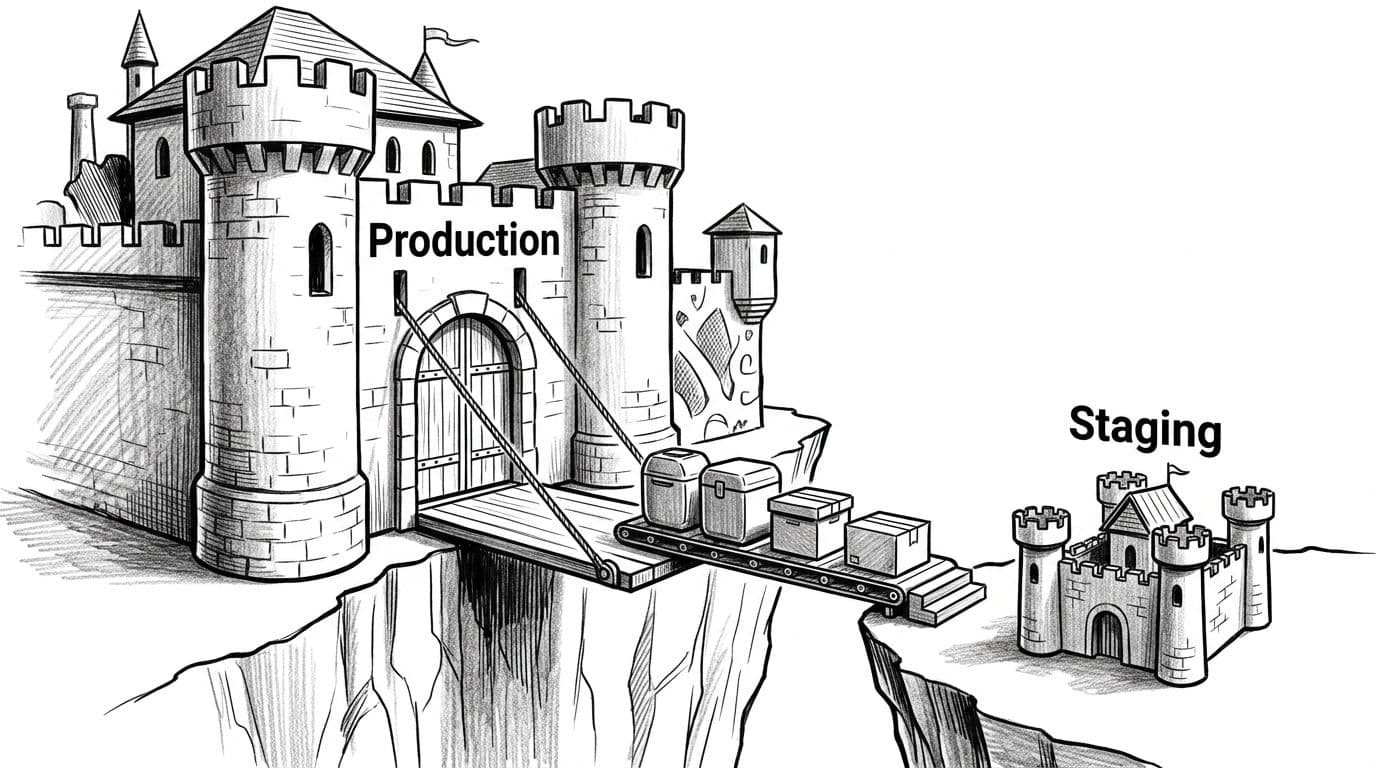Black-and-white high-contrast ink and pencil illustration of a tiny 'Staging' castle connected by drawbridge to larger 'Production' castle with backup archives crossing, modern tech editorial style.