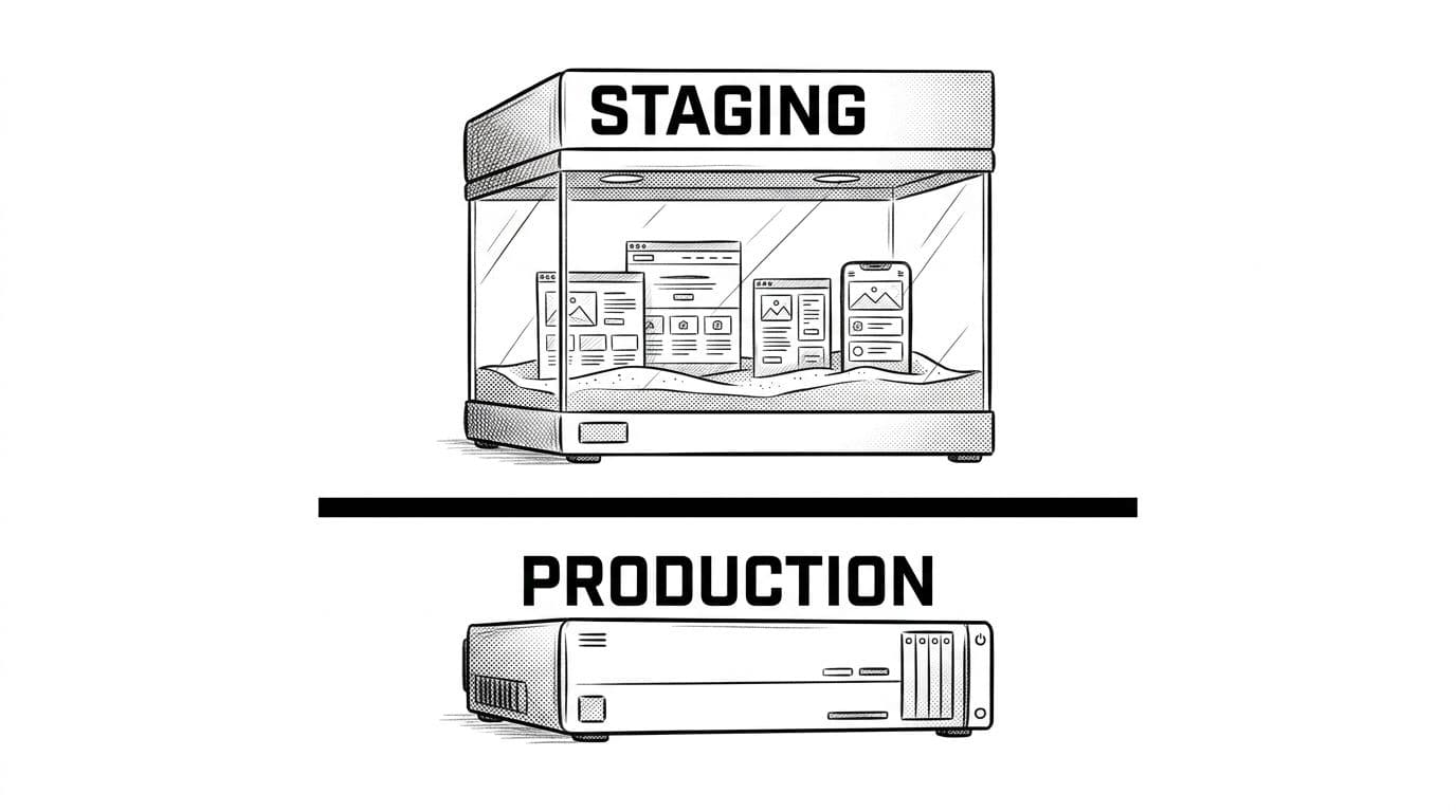 High-contrast black-and-white ink sketch of a staging server as a sandbox terrarium with tiny website pages, separated by a bold safety line from the production server.