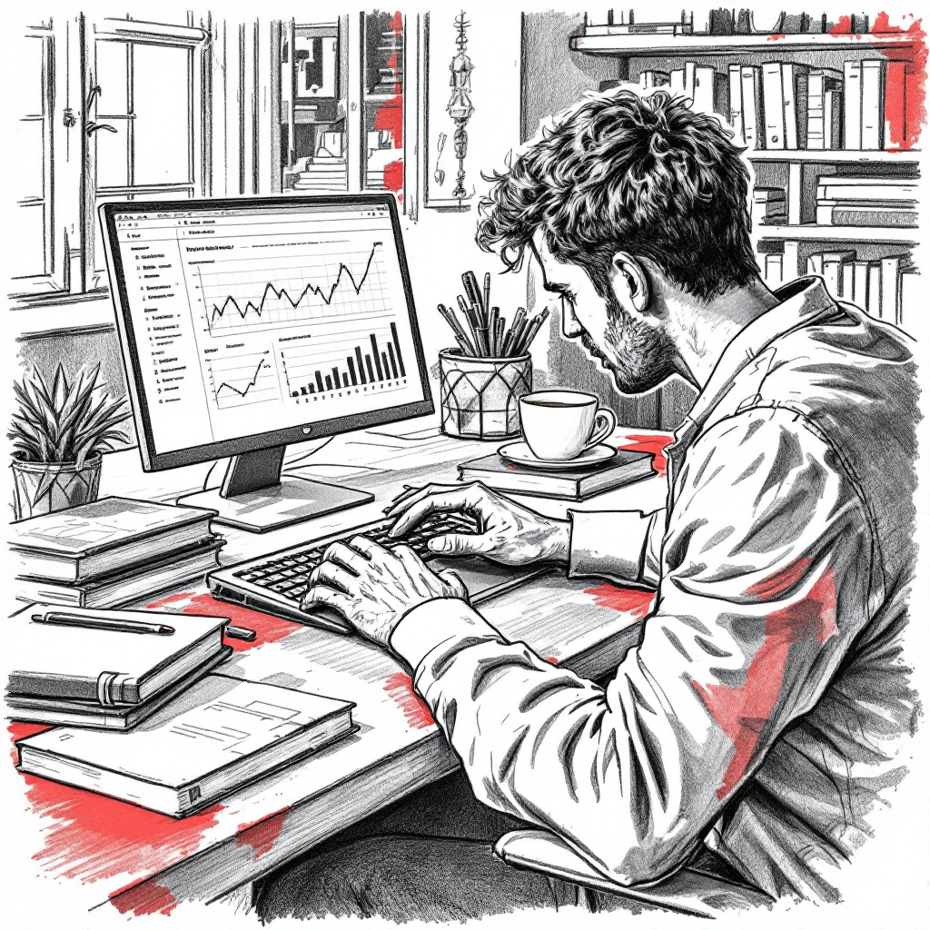 A student or professional working on a laptop, surrounded by books, a notebook, and a cup of coffee. Charts visible on screen. Pencil sketch style, black and white with a touch of red. Image created with AI.