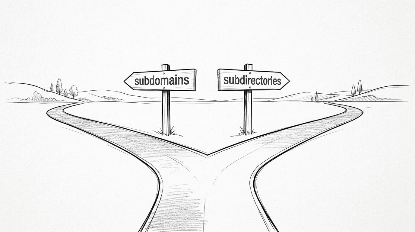 Black-and-white pencil sketch depicting two diverging roads symbolizing the choice between subdomains (e.g., site1.main.com) and subdirectories (main.com/site1), with simple signposts labeled 'subdomains' and 'subdirectories'. High-contrast, minimal grayscale, modern technical editorial style with crisp linework and subtle paper texture.