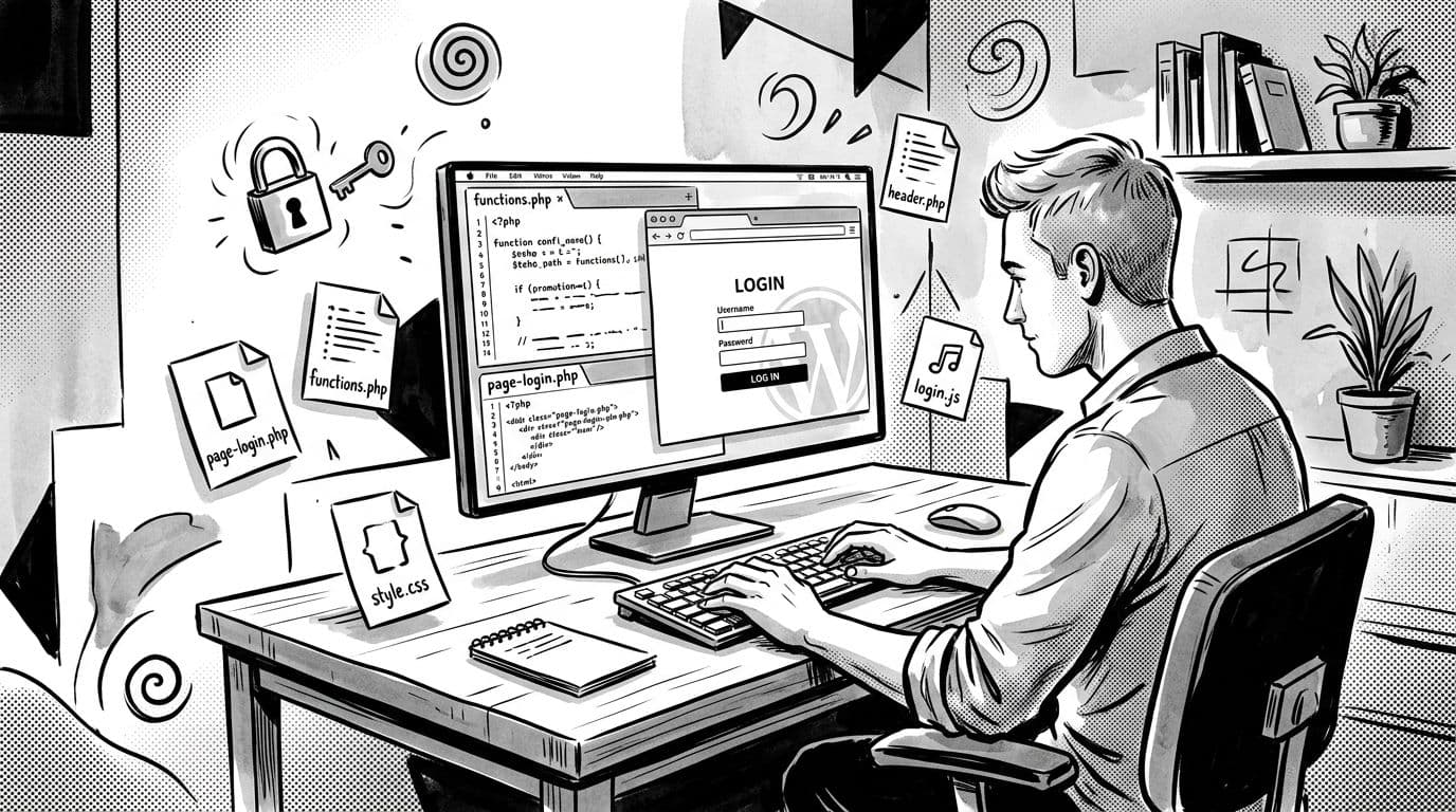 Black-and-white high-contrast ink illustration of a developer at a desk customizing a minimalist WordPress login page, featuring surreal floating padlocks, keys, and template icons.