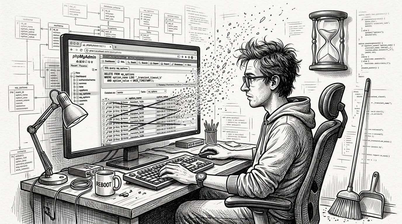 Black-and-white high-contrast ink and pencil crosshatching illustration of a sysadmin at a computer screen displaying phpMyAdmin with an SQL query deleting expired transients from the wp_options table, crossed-out rows vanishing into dust, a nearby broom, and a sand-running clock.