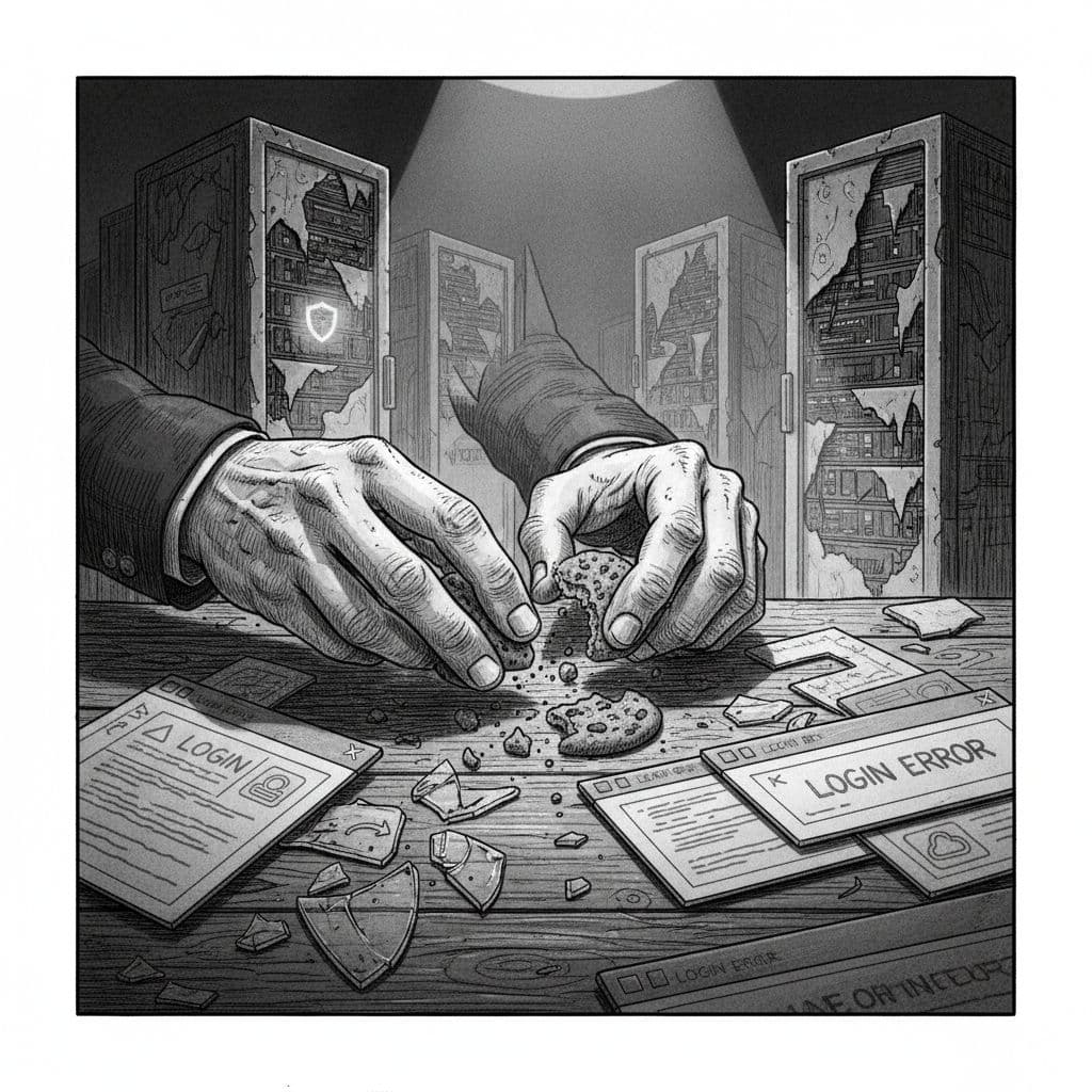 Black-and-white high-contrast illustration of a grim detective's hands crumbling stale cookies over a dimly lit table with browser tabs, login errors, and redirect arrows, set against hazy server racks with a flickering Cloudflare emblem.