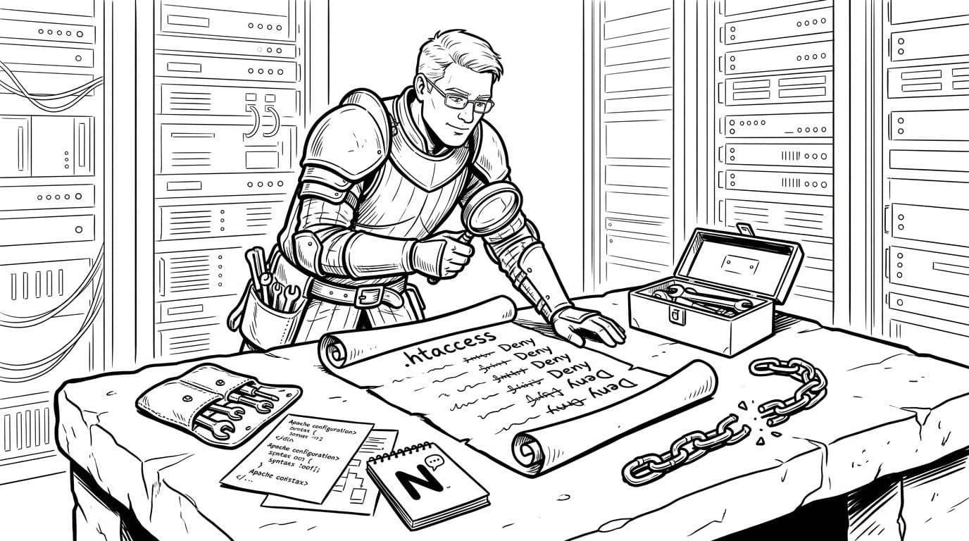 High-contrast black-and-white line art illustration of a technician knight unrolling a large .htaccess scroll on a stone table, inspecting deny rules with a magnifying glass. Includes nearby toolkit, broken chain symbolizing fixed access, Apache config papers, and Nginx note icon against a server background.