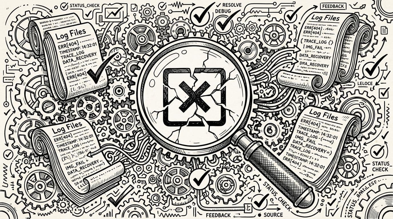 Large magnifying glass over a broken image icon surrounded by gears, log files, and checkmarks in monochrome ink drawing style with high contrast clean linework.