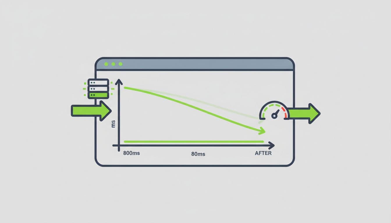 Modern dashboard illustration of a dual line graph showing TTFB dropping sharply from 800ms to 150ms after optimization, with server and speed icons and before-after arrows.