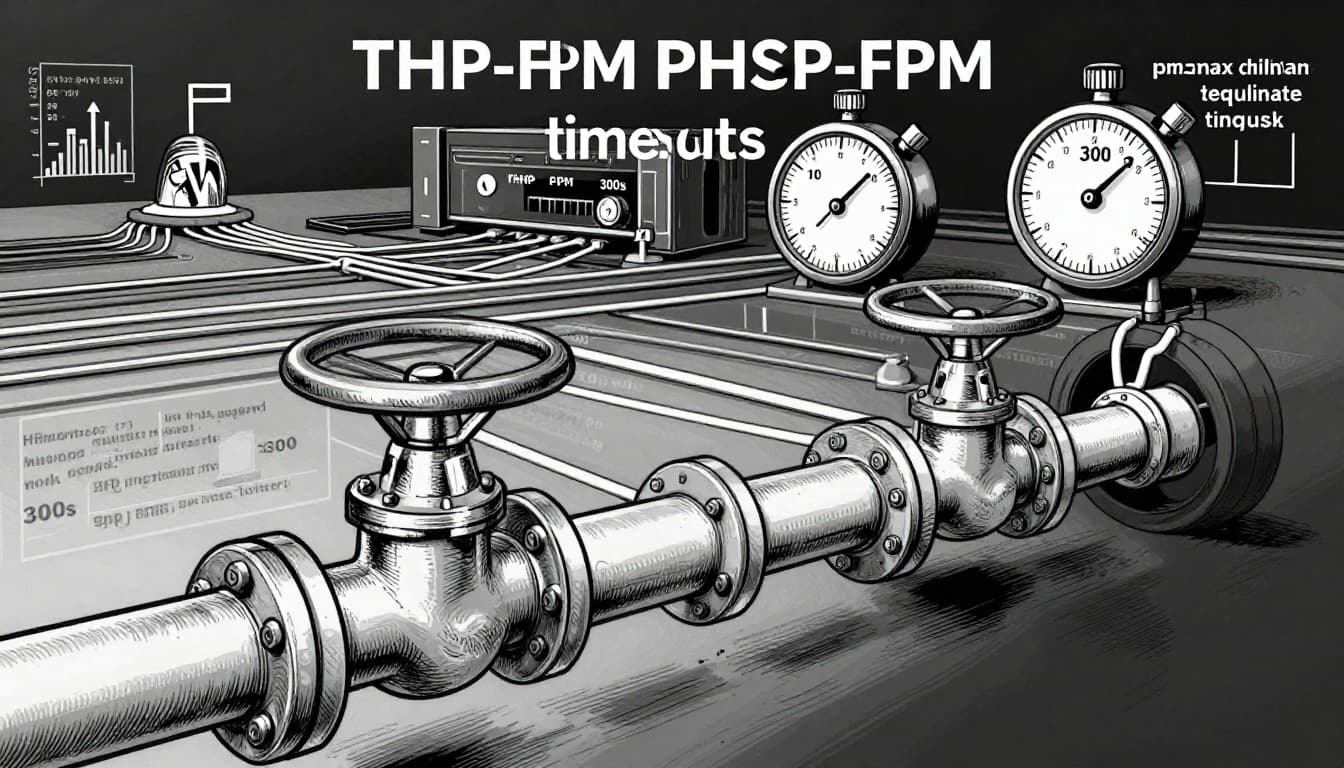 Black-and-white editorial illustration showing adjustable pipes and valves on a PHP-FPM network connected to a WordPress hub, with dials displaying pm.max_children=10 and request_terminate_timeout=300, plus a stopwatch icon. Subtle background elements include Nginx upstream, pool status graph, and config snippet, all in high-contrast linework with ample negative space.