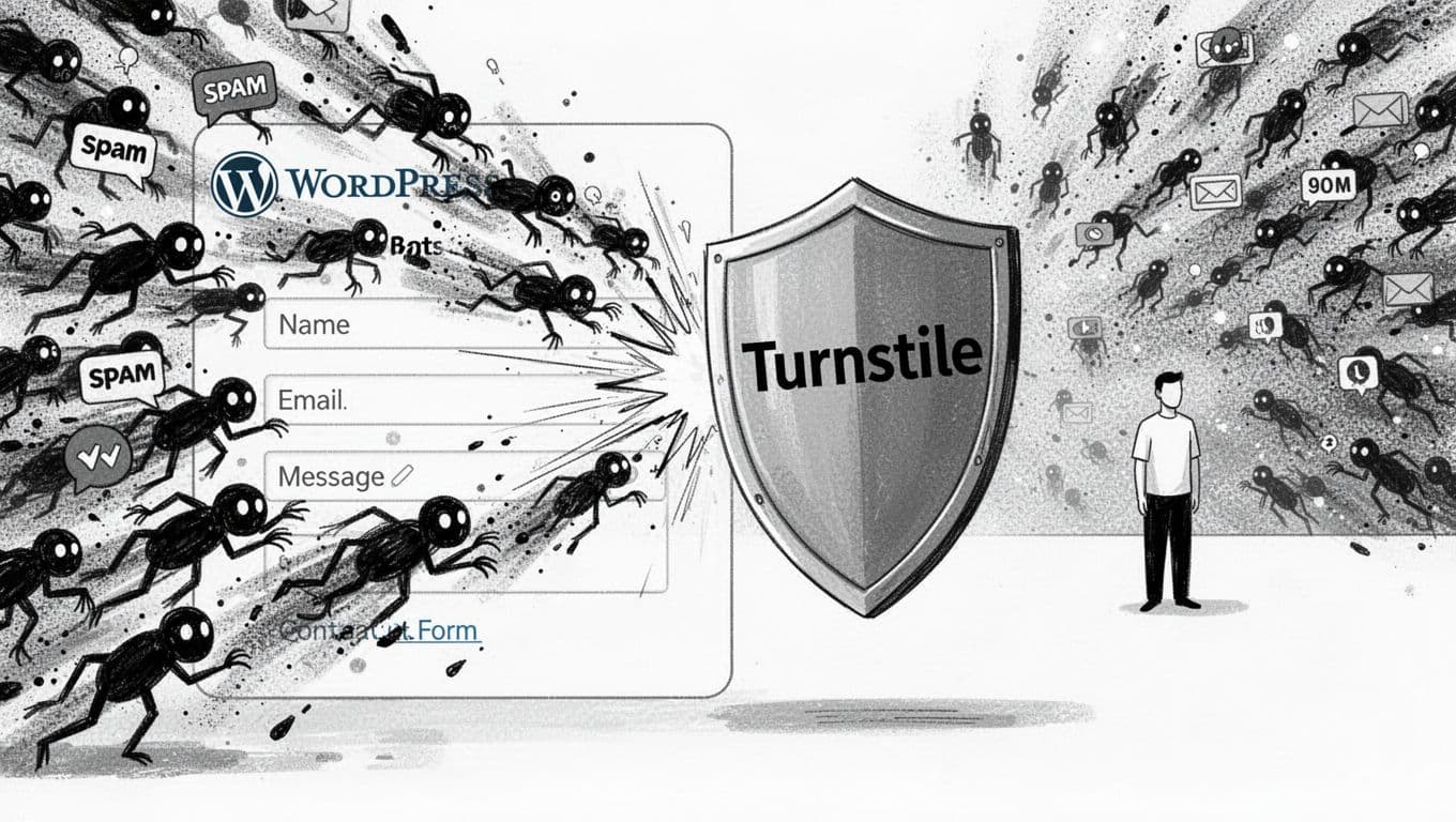 Black-and-white minimalist ink illustration depicting shadowy spam bots swarming a WordPress contact form but bouncing off a large Turnstile shield. High-contrast line art with subtle halftone shading, clean UI elements, and a single calm user figure in the distant background.