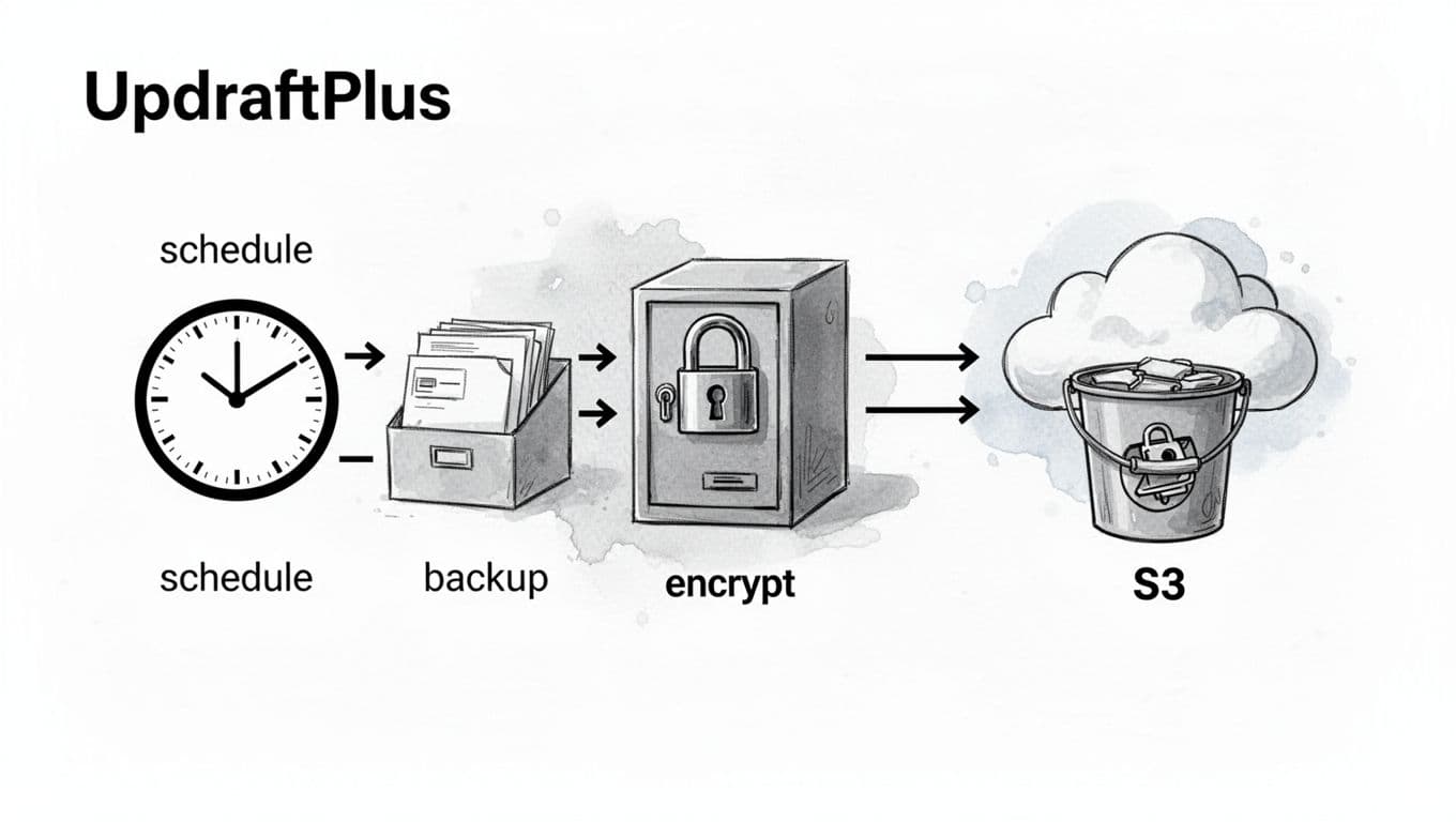Black-and-white high-contrast line art illustration of the UpdraftPlus backup workflow for WordPress to Amazon S3, featuring a simple left-to-right storyboard with icons for scheduling, archiving, encryption, and S3 upload connected by arrows.