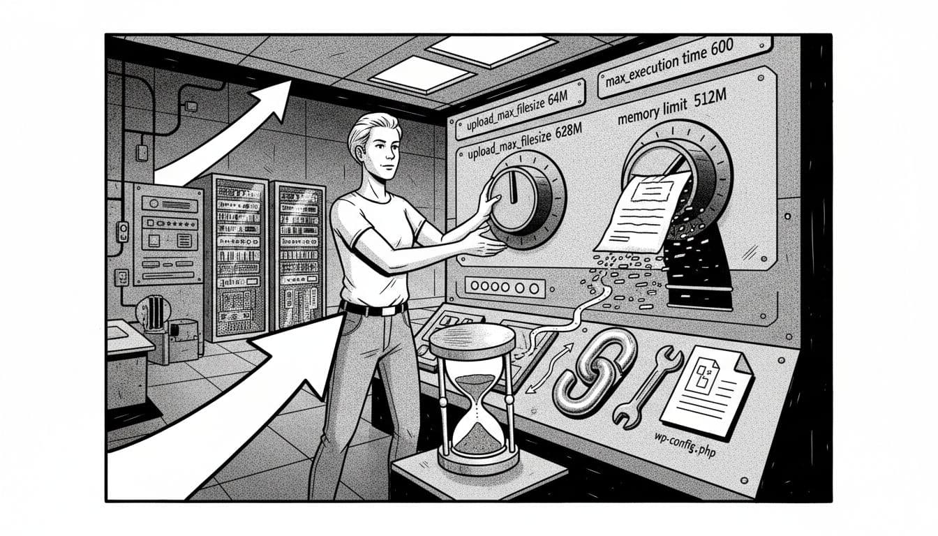 Black-and-white high-contrast linocut-style illustration of a vintage control room WordPress dashboard, where a gender-neutral admin adjusts upload_max_filesize and post_max_size dials, featuring a soaring successful file upload arrow, unzipping plugin, stabilized hourglass, and humming server rack with enhanced settings.