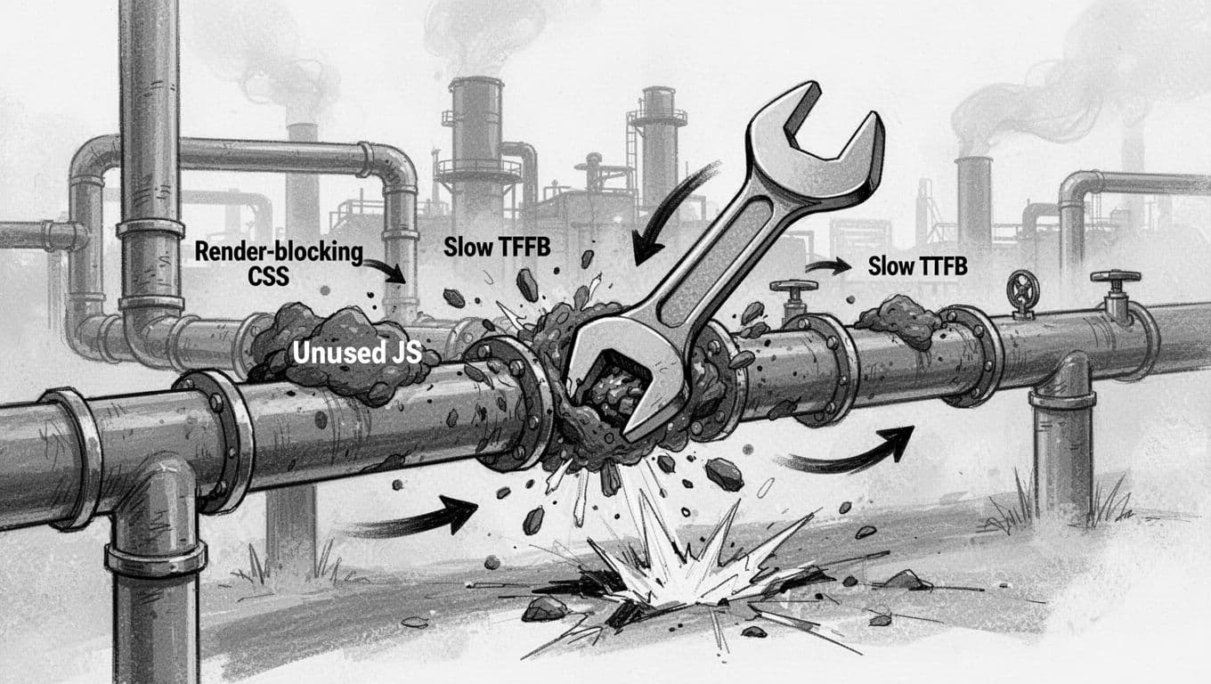 High-contrast black-and-white ink sketch of an industrial pipeline representing website loading, with clogs labeled Render-blocking resources, unused JS, and slow TTFB, fixed by a large wrench amid factory haze.