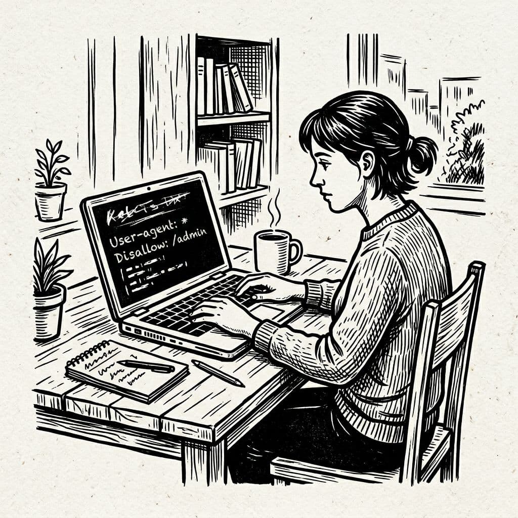 Black-and-white ink drawing in woodcut style with high contrast, showing a person at a desk editing a robots.txt file on a laptop screen, hands relaxed on keyboard, coffee mug and notes on desk.