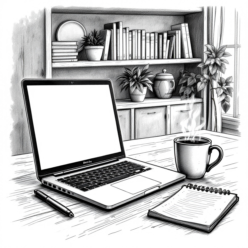 A clean workspace with an open laptop displaying a professional portfolio blog, books and a notebook nearby. Pencil sketch style, black and white with a hint of red accent. Image created with AI.