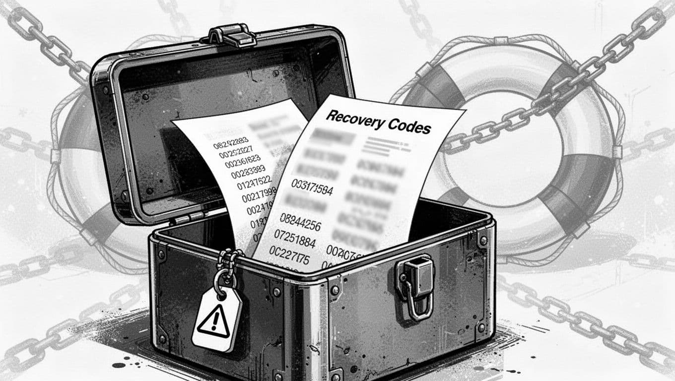 Black-and-white pen-and-ink illustration showing printed recovery codes folded into an open metal lockbox with a warning tag, set against faint chain links and a life preserver background, emphasizing secure backup storage for two-factor authentication in WordPress security.