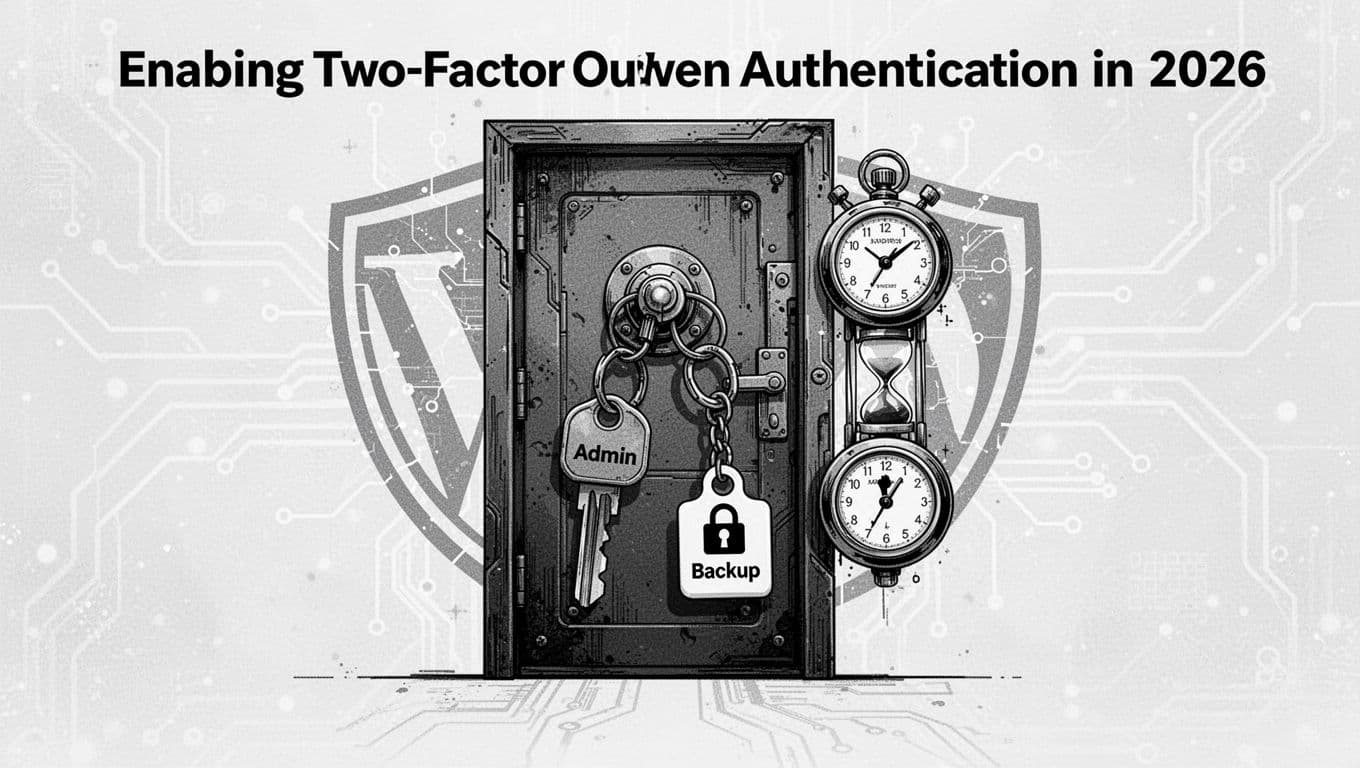 Black-and-white pen-and-ink style illustration of a heavy admin access door secured with Admin and Backup keys, a time-delay lockout timer, faint circuit patterns, and shield outline for WordPress security guide.