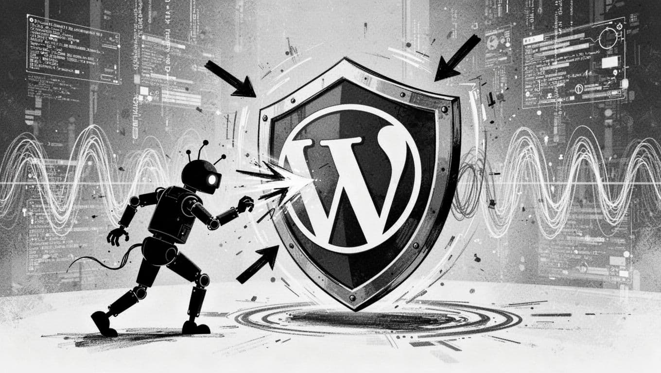 High-contrast black-and-white pen-and-ink illustration showing a protective shield encircling a stylized WordPress 'W' icon, deflecting a bot attacker with arrows, subtle data streams in background for a cyberpunk security theme.