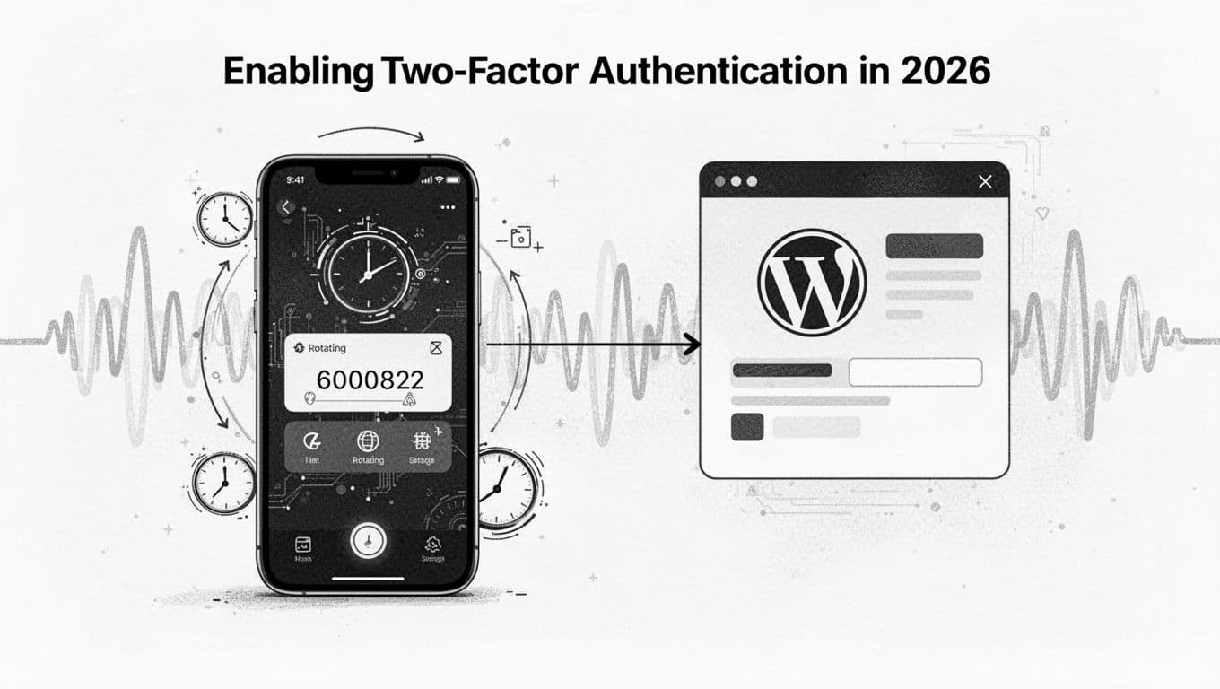 Black-and-white pen-and-ink illustration of a smartphone showing a rotating 6-digit 2FA code in an authenticator app, connected by a line to a WordPress admin dashboard icon, with subtle secure data waveforms in the background.