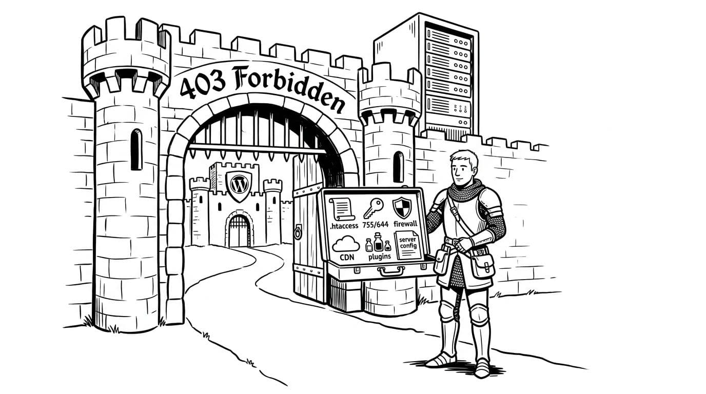 Black-and-white high-contrast ink illustration of a medieval stone gate labeled '403 Forbidden' blocking the path to a WordPress castle, with a calm technician knight holding an open toolkit featuring .htaccess, permissions, firewall, CDN, plugins, and server config icons, set against a server rack tower background.