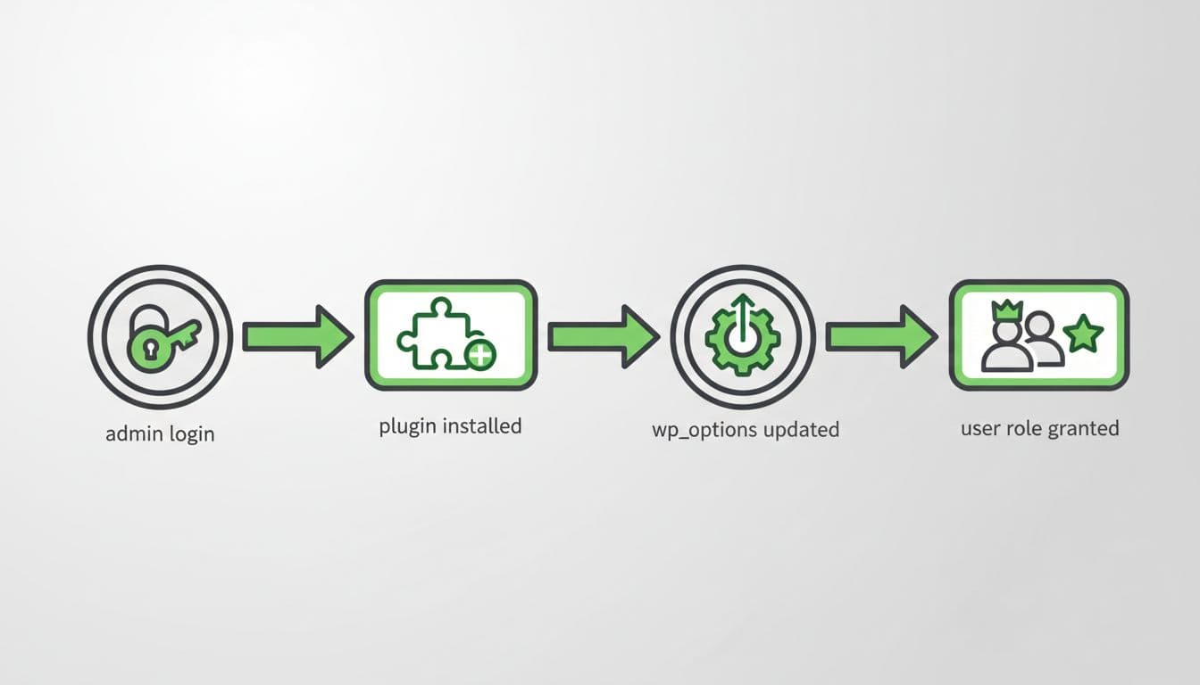 Modern horizontal timeline graphic visualizing key WordPress site admin events like login, plugin installation, wp_options update, and user role grant using clean icons, thick lines, arrows, and green accents on a neutral background.