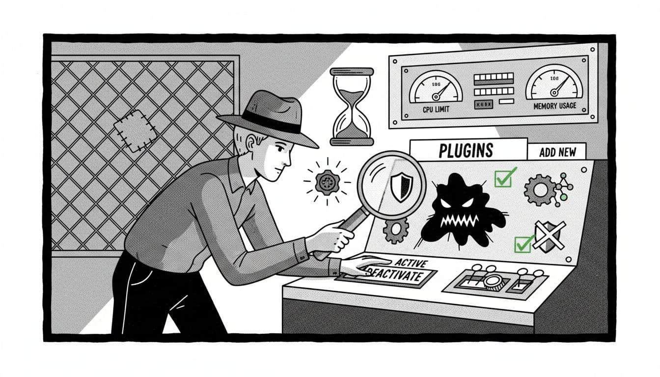 Black-and-white high-contrast ink illustration of WordPress admin dashboard styled as a vintage control room, with admin inspecting and deactivating a suspicious plugin using a magnifying glass.
