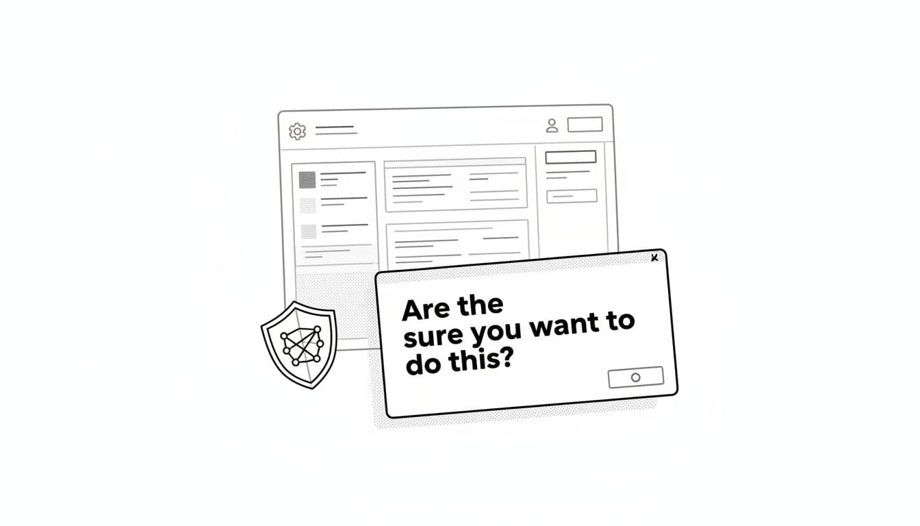 Black-and-white editorial illustration for a WordPress troubleshooting guide, featuring a high-contrast monochrome warning dialog 'Are you sure you want to do this?' on the WordPress admin with a floating security nonce icon.