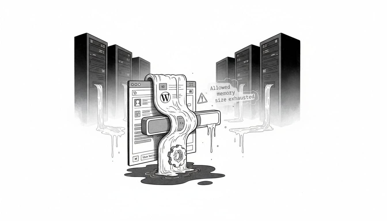 Black-and-white high-contrast line art illustration for a WordPress troubleshooting article, showing a dashboard morphing into a leaking memory meter at 100% with the PHP error text, in a surreal tech noir server room.