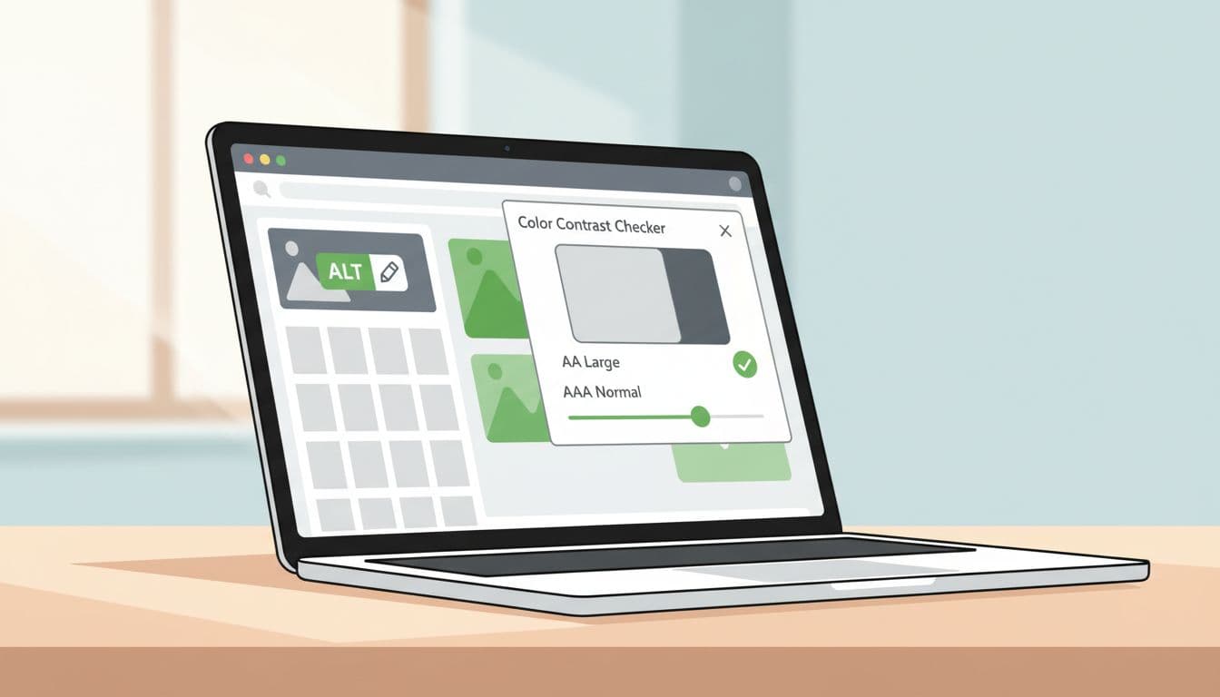 Modern illustration of a desk setup with one laptop showing WordPress admin media library featuring visible alt text icon next to an open color contrast checker tool. Clean shapes with #22C55E accent on check icons, thick lines, and soft lighting; screen at angle with no readable text or extra objects.