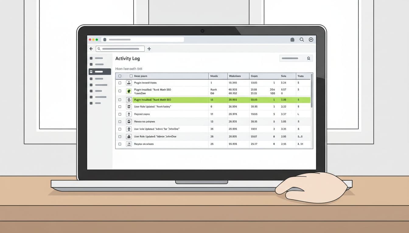 Modern illustration of a WordPress admin dashboard showing an activity log table with admin changes like plugin installs and user role updates, displayed on a laptop in an office setting with natural daylight.