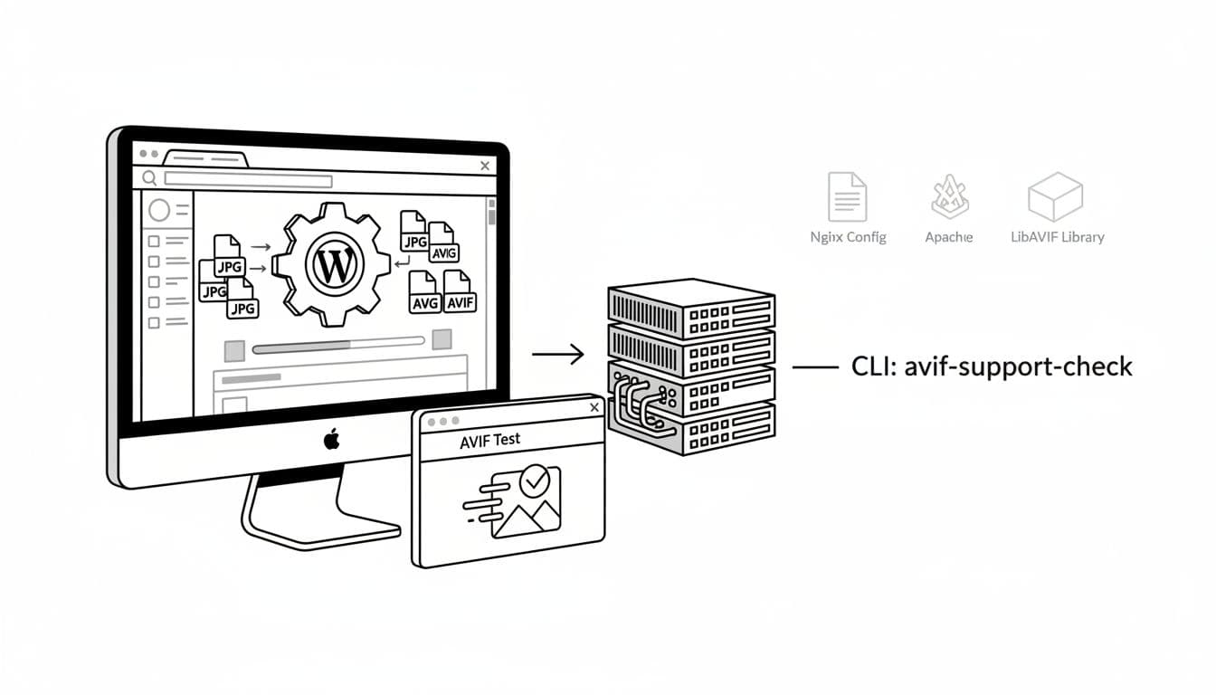 Black-and-white high-contrast illustration of a WordPress dashboard converting JPG to AVIF images via plugin next to a server rack with support icons and CLI checks.