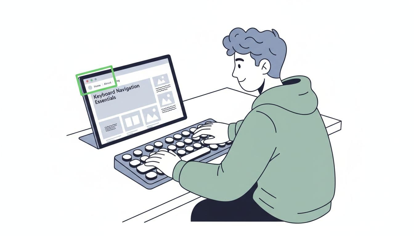 A blogger at a desk intently using only the keyboard to navigate a WordPress block theme blog post, with a focus outline on the menu in a modern illustration style.