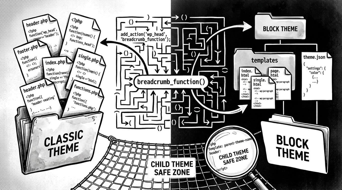 Black-and-white high-contrast ink illustration in editorial zine style comparing WordPress classic theme files on the left with block theme structure on the right, connected by code brackets maze and magnifying glass over child theme safety net.