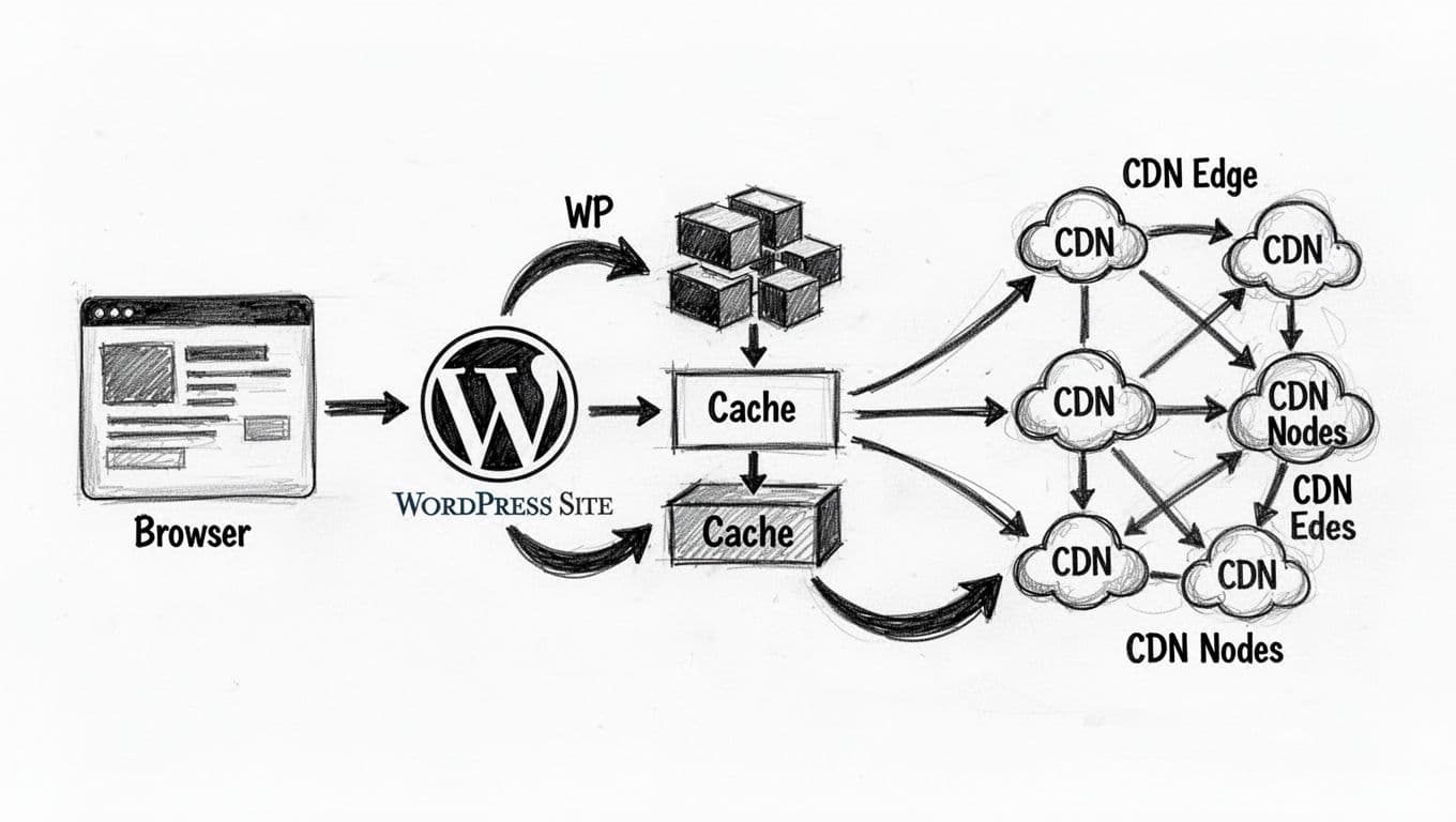 Black-and-white hand-sketched schematic diagram of website architecture showing flow from browser to WordPress site, cache layer, and multiple CDN edge nodes.