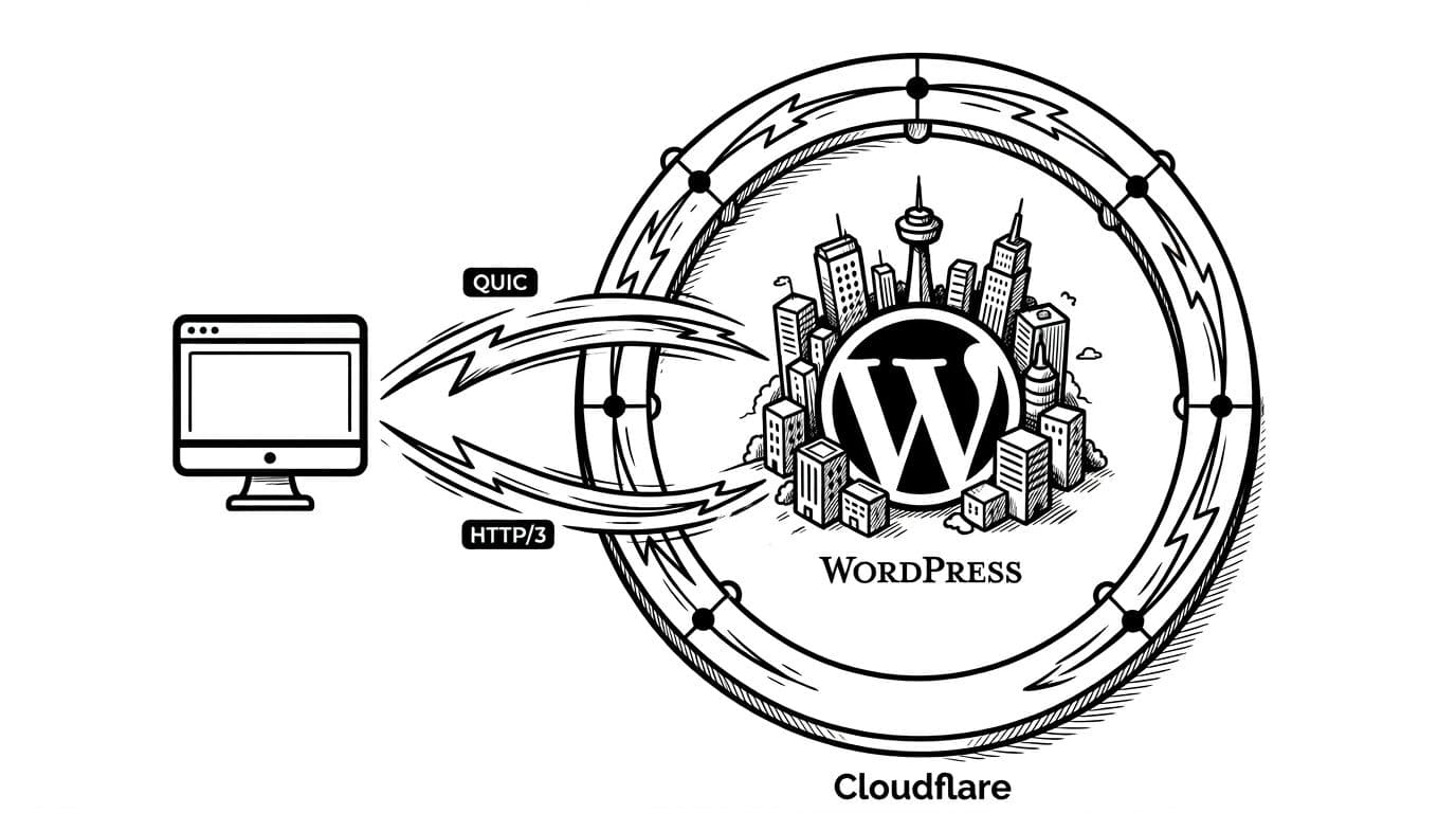 High-contrast black-and-white ink and vector illustration showing WordPress logo as a central city hub encircled by Cloudflare edge network, connected via curved QUIC and HTTP/3 data streams to a single browser icon on a clean white background.