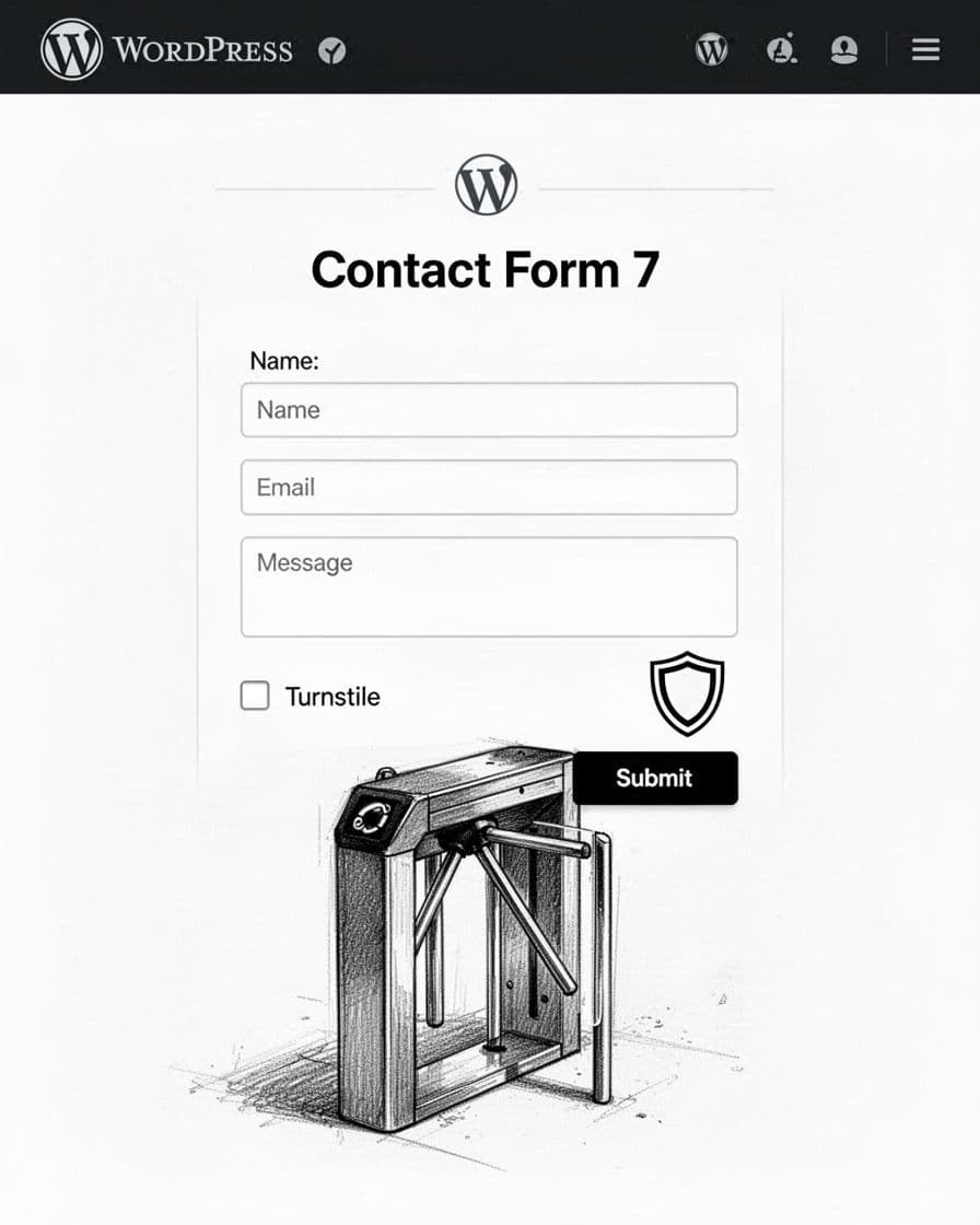 High-contrast black-and-white minimalist line art of a Turnstile widget integrated beneath a Contact Form 7 on a clean WordPress dashboard page, showing name, email, message fields, checkbox, and shield icon.