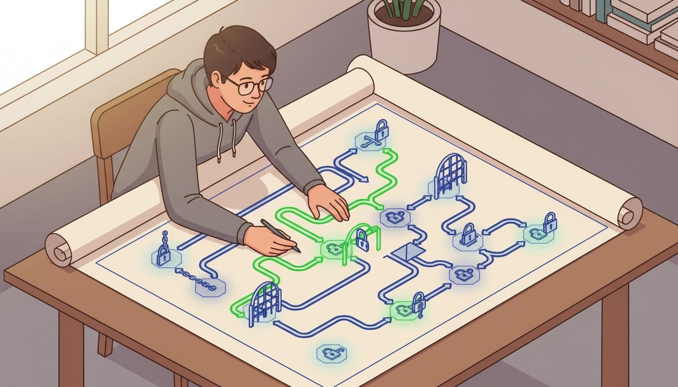 A permissions architect sits at a drafting table reviewing a detailed blueprint of a custom WordPress user role, illustrating capability hierarchies as locked gates, keys, and open green paths in an isometric modern illustration style.