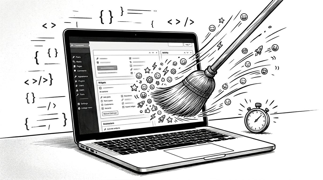 Black-and-white editorial illustration showing a WordPress dashboard on a laptop screen where tiny emoji icons are swept away by a broom, streamlining page load speed with speed lines and a stopwatch.