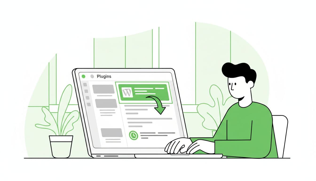 Modern illustration of a laptop screen displaying the WordPress plugins page with a highlighted problematic plugin, viewed by one person at a desk in a bright office.