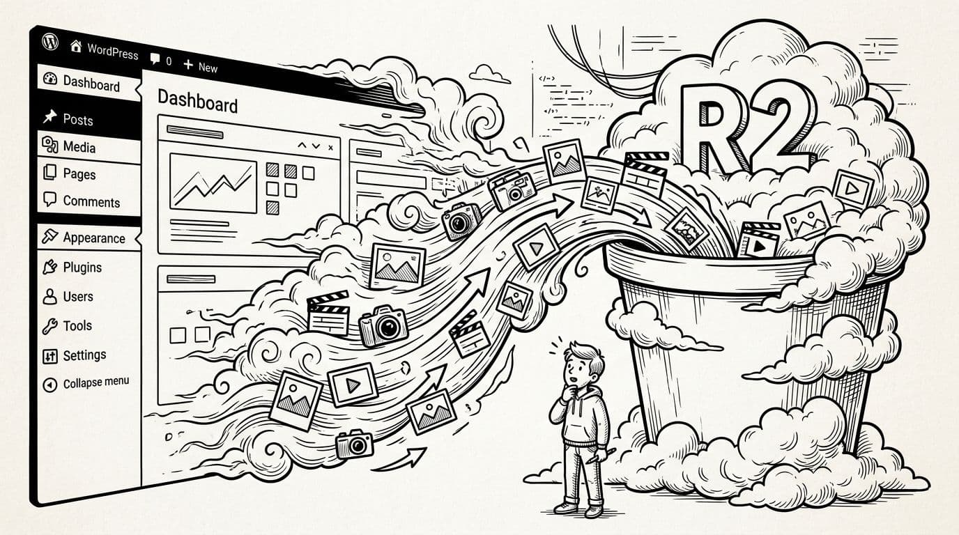 Monochrome ink drawing of a WordPress dashboard morphing into an R2 cloud bucket, with arrows showing media files like images and videos flowing from dashboard to bucket, watched by one developer.