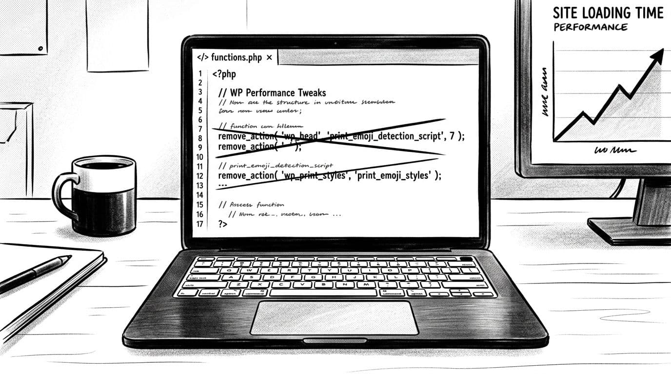 Black-and-white editorial illustration of a functions.php code snippet on a laptop screen with emoji init lines crossed out, keyboard below, and rising performance graph on a clean desk.