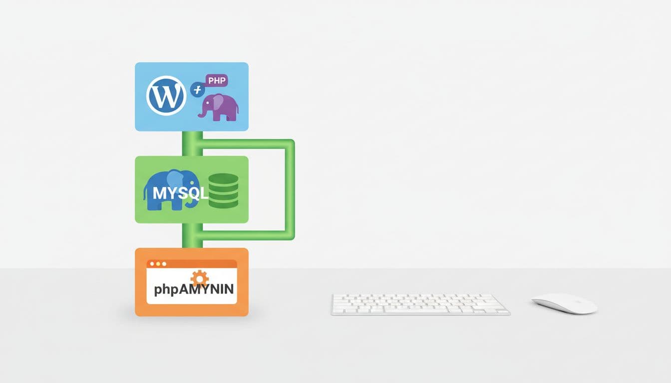 Modern illustration of a local WordPress setup with Docker Compose showing three vertically stacked containers: WordPress with PHP icon on top, MySQL database with elephant icon in the middle, and phpMyAdmin with browser icon at the bottom, connected by thick green lines on a clean desk background.