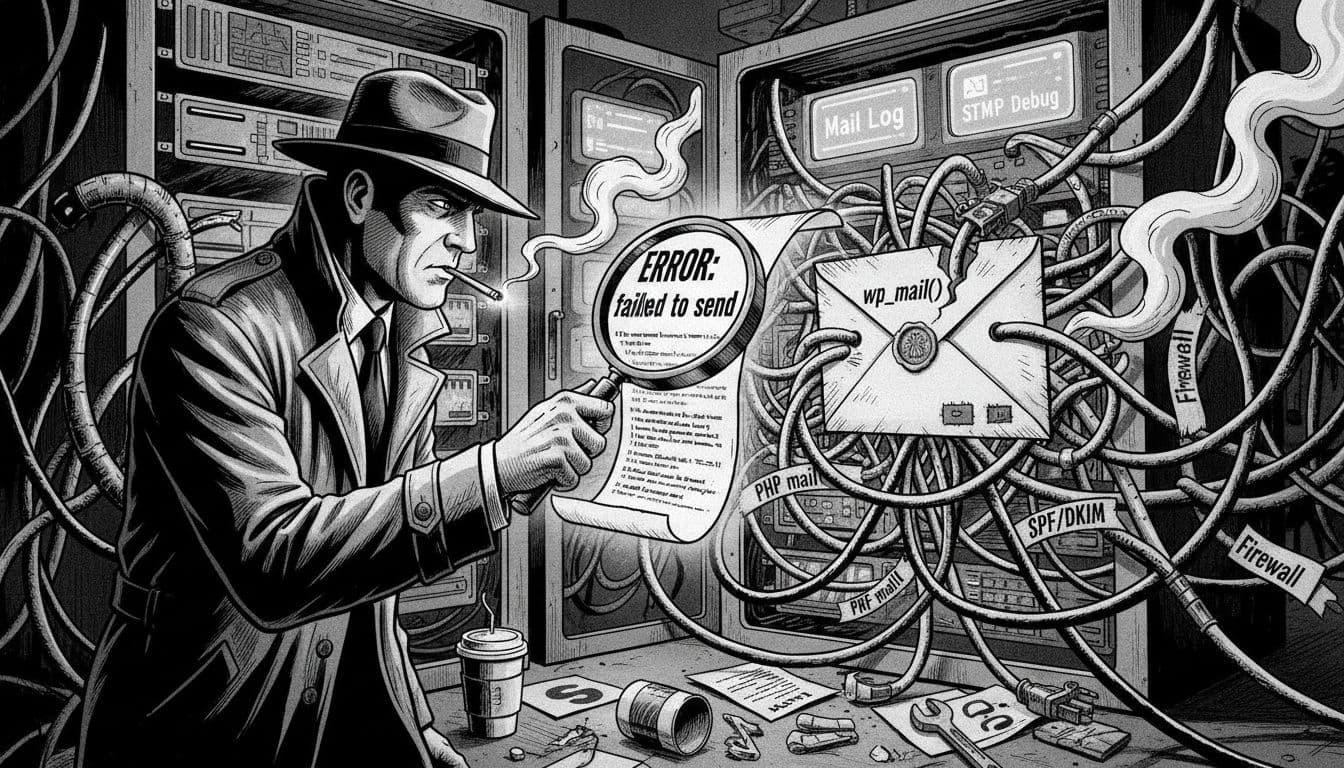 High-contrast black-and-white illustration of a trench-coated detective in a server rack mailroom, examining an envelope tangled in cables labeled wp_mail, SMTP, Firewall, and SPF/DKIM, with error logs and debug UI in the shadowy background.