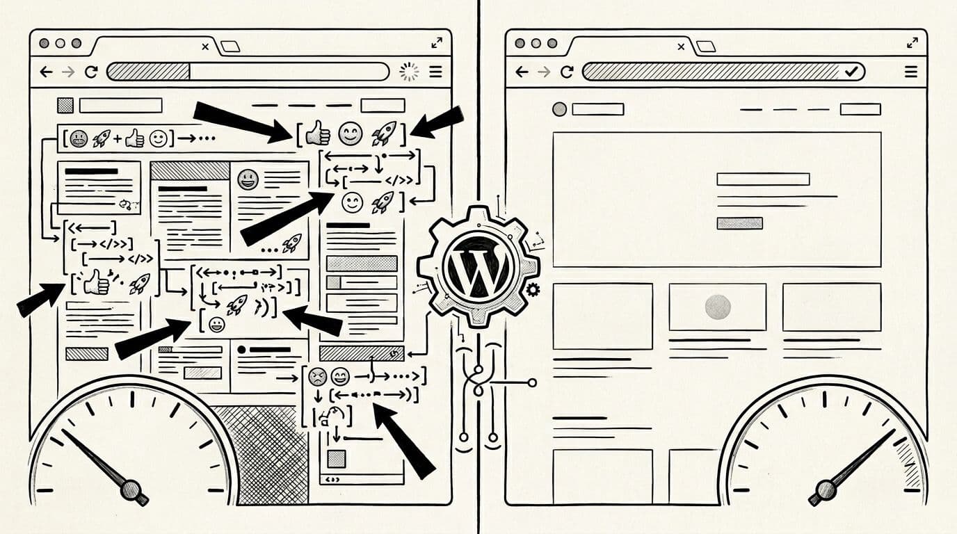 Black-and-white editorial illustration in ink and graphite showing a cluttered WordPress webpage slowed by emoji scripts on the left versus a clean, fast-loading page with emojis removed on the right, featuring a speedometer, WordPress icon, and split panels.