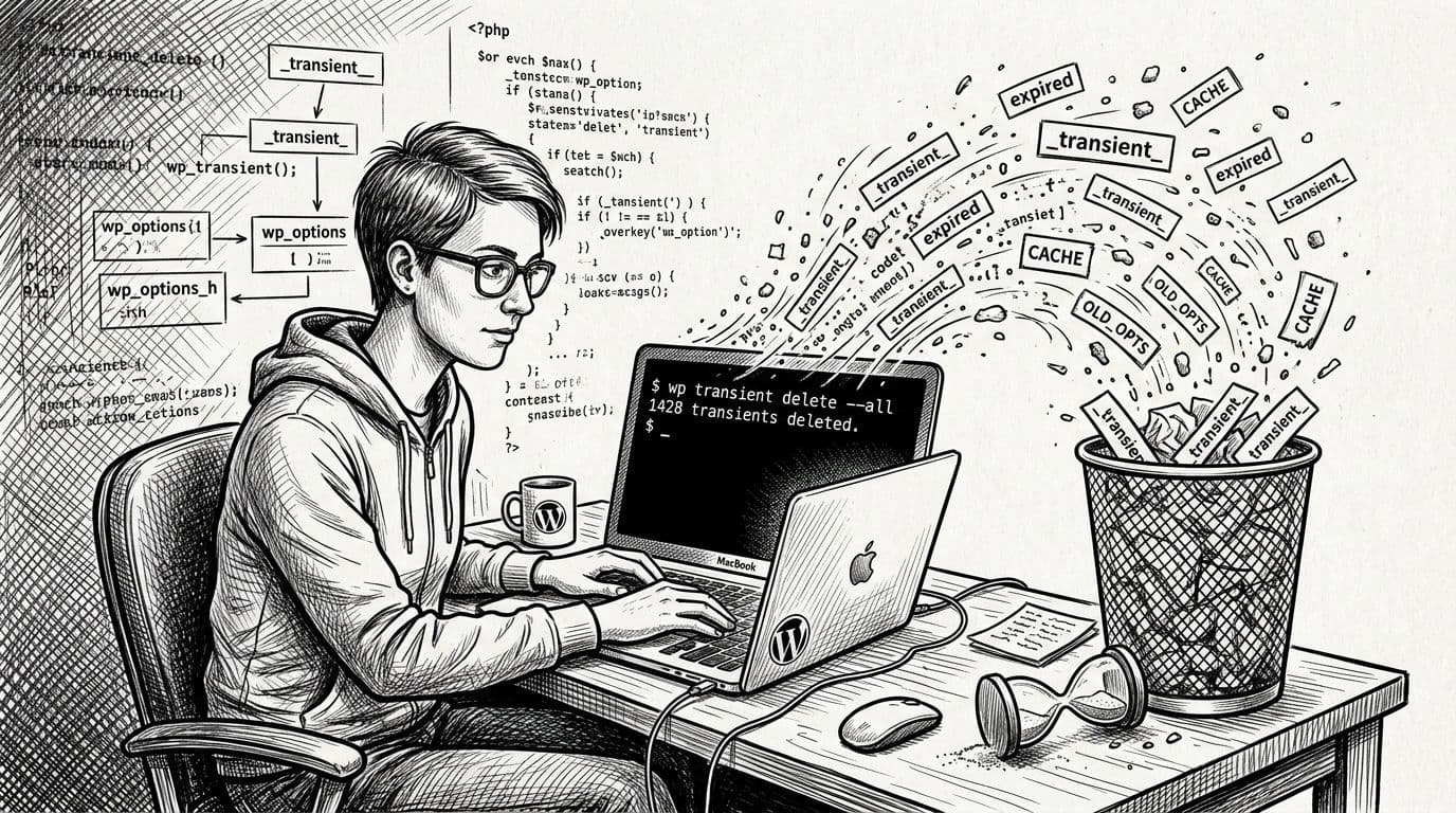 Black-and-white high-contrast ink and pencil crosshatching illustration of a single WordPress engineer at a desk typing a WP-CLI command to delete transients, with digital dust and expired cache tags flying from the laptop screen into a trash bin, and an hourglass tipping over nearby.