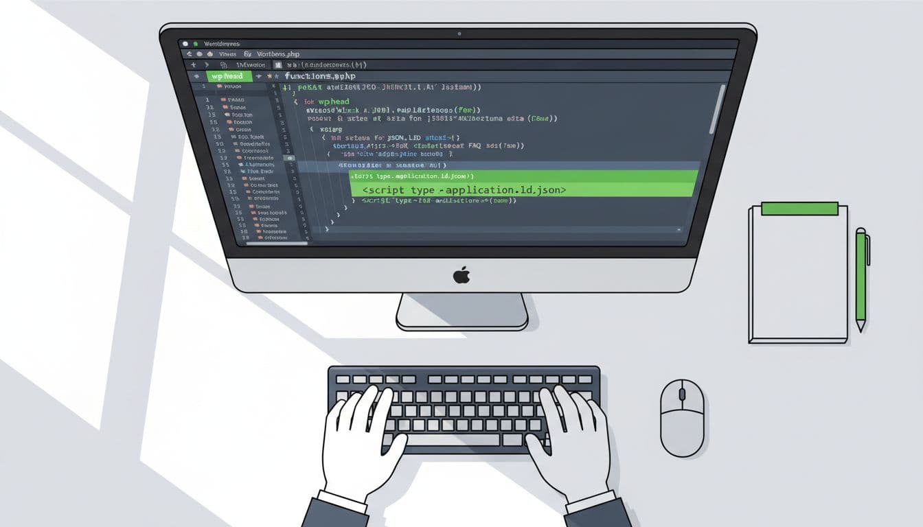 Modern illustration of a code editor showing WordPress functions.php file with wp_head hook adding FAQ schema JSON-LD, hands on keyboard in simple office setup.
