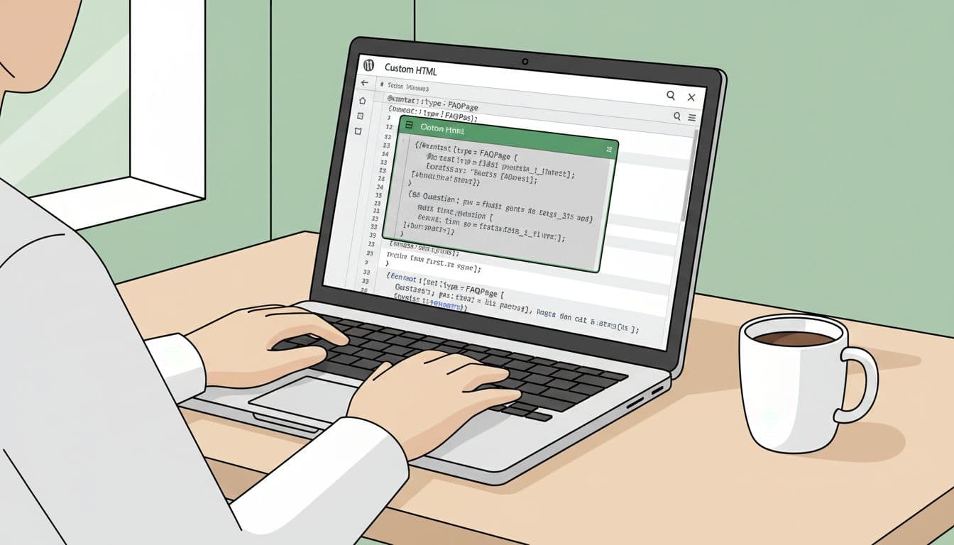 Modern illustration of WordPress Gutenberg block editor on a laptop screen displaying Custom HTML block with FAQ schema JSON-LD code, person typing relaxed on keyboard, wooden desk with coffee mug, side angle natural daylight.
