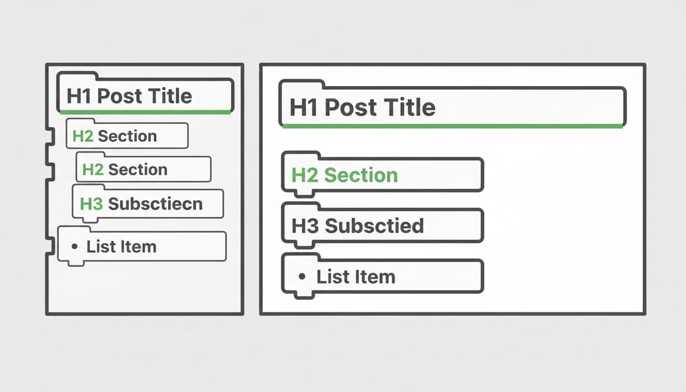 WordPress block editor screen illustrating correct heading structure: H1 post title, H2 section, H3 subsection, and list blocks. Modern illustration with clean shapes, green accents on headings, thick lines, and neutral lighting; no text, people, or UI details.